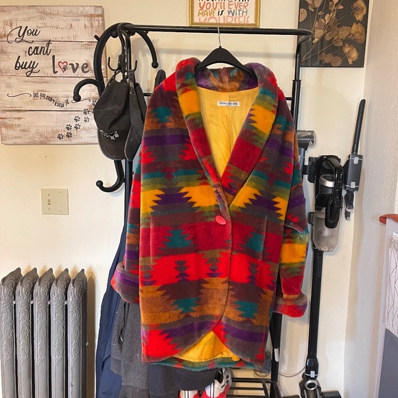 Donny Brook Jackets & Blazers - 1980s Donnybrook Coat, Southwest Print Coat, Faux Fur Coat Vintage Ice Teddy